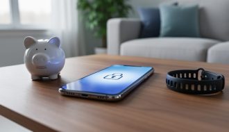 Close-up of a smartphone displaying a lock icon next to a piggy bank and fitness tracker on a wooden coffee table, with a softly blurred living room in the background, conveying responsible sports betting guardrails and wellness.