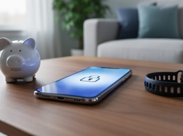 Close-up of a smartphone displaying a lock icon next to a piggy bank and fitness tracker on a wooden coffee table, with a softly blurred living room in the background, conveying responsible sports betting guardrails and wellness.