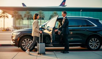 Traveler with suitcase approaching a black SUV at an airport pickup while the driver holds the door open; palm trees, glass terminal, and an airplane tail softly blurred in warm golden-hour light, conveying a calm, low-stress Orlando arrival.