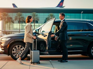 Traveler with suitcase approaching a black SUV at an airport pickup while the driver holds the door open; palm trees, glass terminal, and an airplane tail softly blurred in warm golden-hour light, conveying a calm, low-stress Orlando arrival.