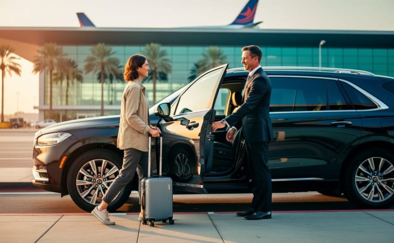 Traveler with suitcase approaching a black SUV at an airport pickup while the driver holds the door open; palm trees, glass terminal, and an airplane tail softly blurred in warm golden-hour light, conveying a calm, low-stress Orlando arrival.