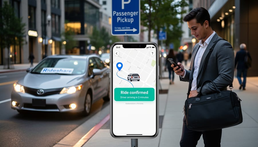 Traveler using smartphone rideshare app at airport terminal
