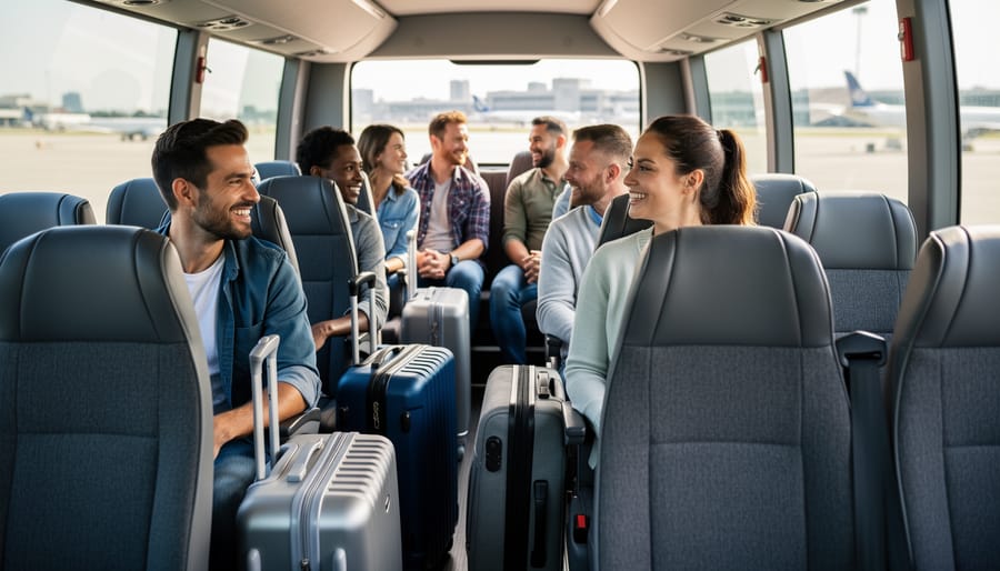 Group of travelers waiting together for shared shuttle service at airport pickup area