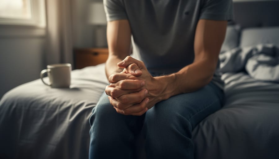 Close-up of clenched hands gripping a coffee mug tightly as steam rises.