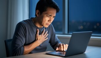 Person seated at a desk at night with a hand on their chest, suggesting anxiety symptoms and stress affecting health and focus.