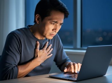 Person seated at a desk at night with a hand on their chest, suggesting anxiety symptoms and stress affecting health and focus.