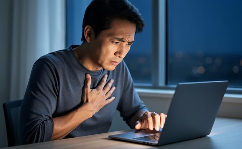 Person seated at a desk at night with a hand on their chest, suggesting anxiety symptoms and stress affecting health and focus.