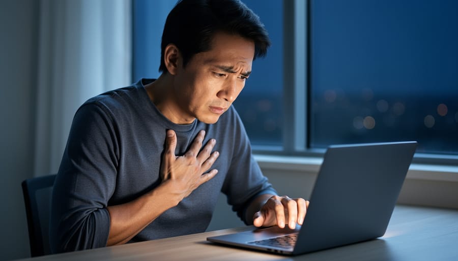 Person seated at a desk at night with a hand on their chest, suggesting anxiety symptoms and stress affecting health and focus.