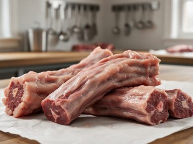 Close-up of raw beef tendon pieces laid on white butcher paper on a Canadian butcher-shop counter, showing the dense collagen-like texture.