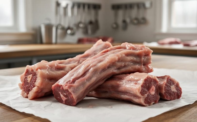 Close-up of raw beef tendon pieces laid on white butcher paper on a Canadian butcher-shop counter, showing the dense collagen-like texture.