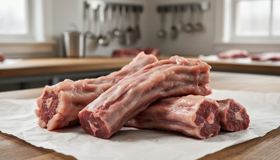 Close-up of raw beef tendon pieces laid on white butcher paper on a Canadian butcher-shop counter, showing the dense collagen-like texture.