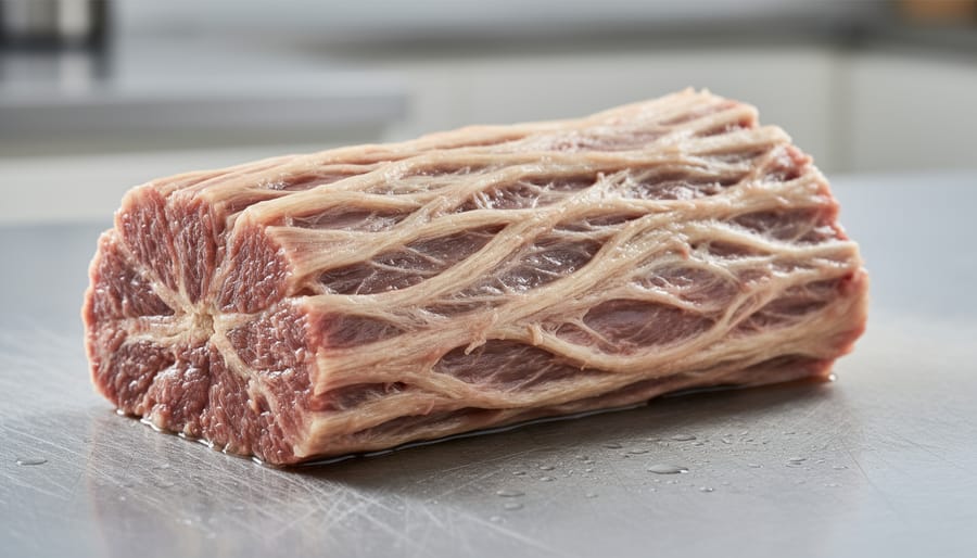 Close-up of raw beef tendon pieces on butcher paper in a butcher-shop setting.