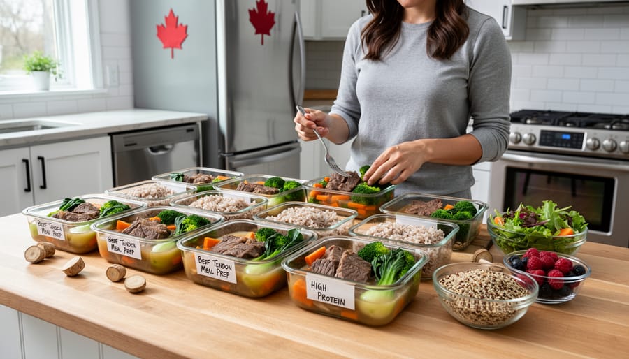 Person prepping beef tendon on a cutting board in a modern Canadian home kitchen.