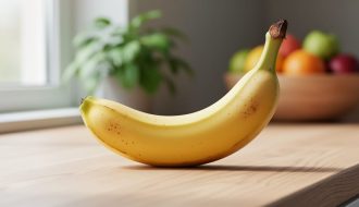 A fresh medium banana on a light wooden counter under soft natural daylight.