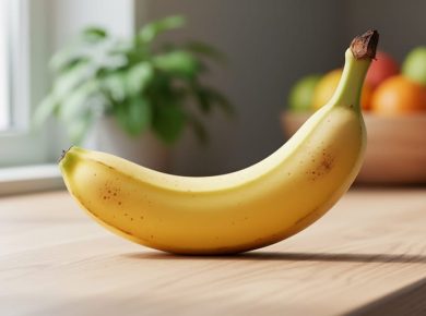 A fresh medium banana on a light wooden counter under soft natural daylight.