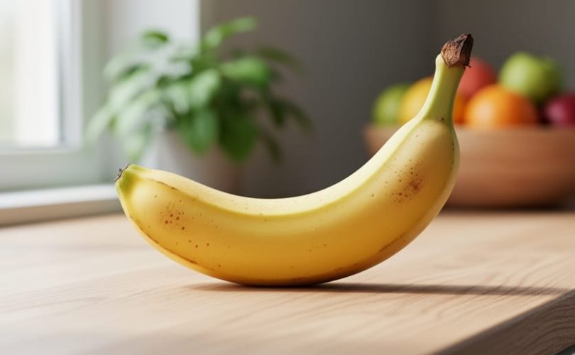 A fresh medium banana on a light wooden counter under soft natural daylight.