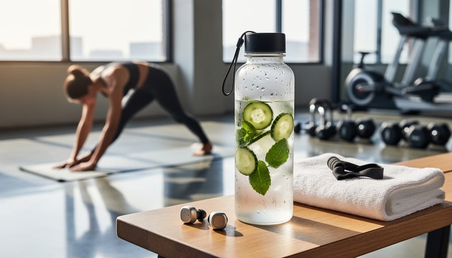 Person holding a cucumber-infused water bottle and salad bowl in a modern gym environment.