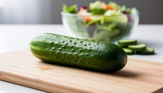 Fresh cucumber with water droplets on a cutting board, with softly blurred cucumber slices and salad in the background.