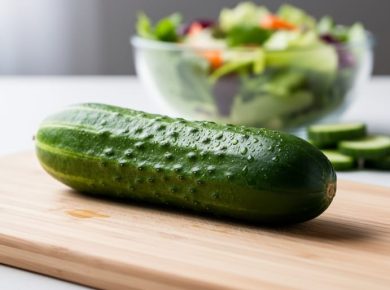 Fresh cucumber with water droplets on a cutting board, with softly blurred cucumber slices and salad in the background.
