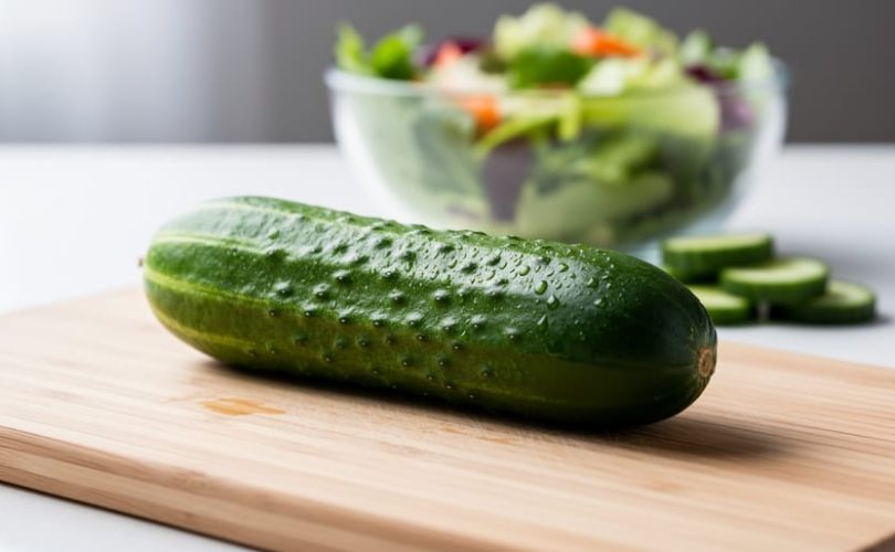Fresh cucumber with water droplets on a cutting board, with softly blurred cucumber slices and salad in the background.