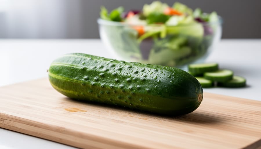 Fresh cucumber with water droplets on a cutting board, with softly blurred cucumber slices and salad in the background.