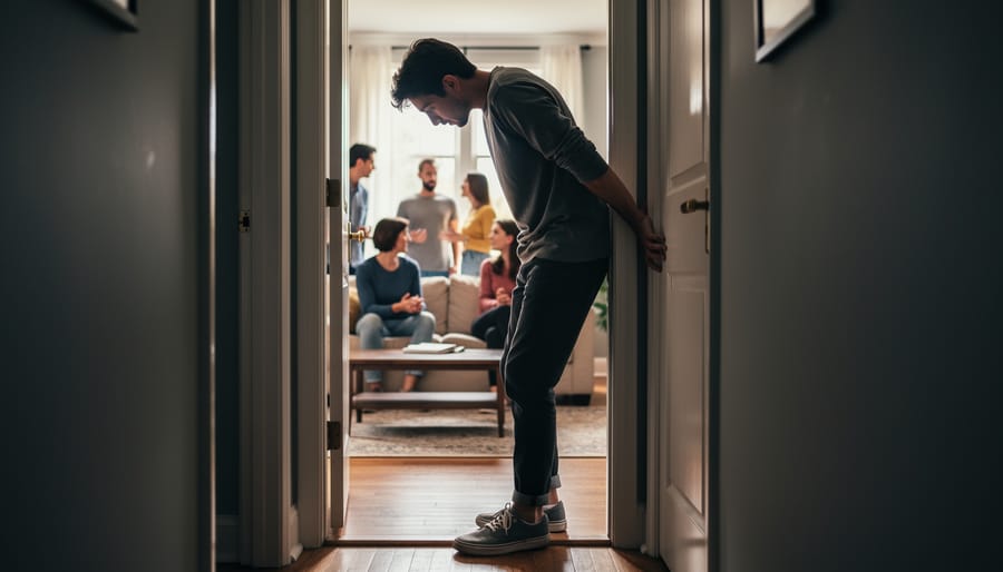 Person standing in a doorway hesitating to enter a busy room, appearing hesitant and overwhelmed.
