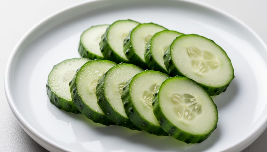 Close-up photo of cucumber slices with water droplets on a stainless surface.