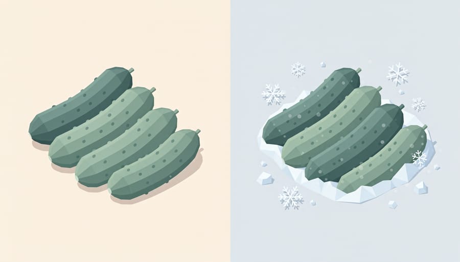 Fresh and frosty cucumber halves on a tray near a glass bowl showing texture differences without any text.