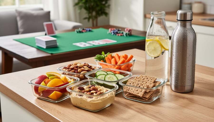 Healthy snacks including fruit, nuts, and water arranged on wooden surface