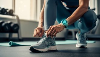 A person tying shoelaces in a bright fitness studio while wearing a small health tracker, representing mental health advocacy alongside physical exercise.