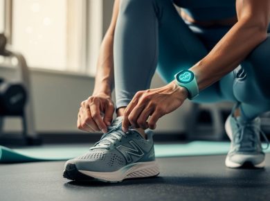 A person tying shoelaces in a bright fitness studio while wearing a small health tracker, representing mental health advocacy alongside physical exercise.