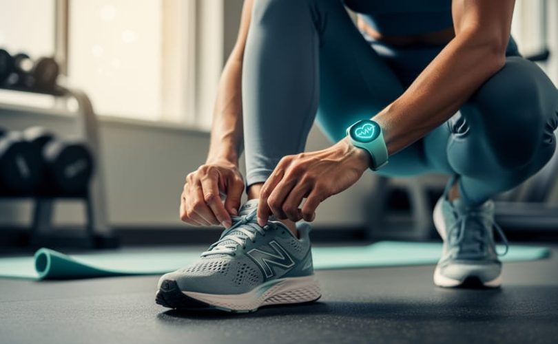 A person tying shoelaces in a bright fitness studio while wearing a small health tracker, representing mental health advocacy alongside physical exercise.