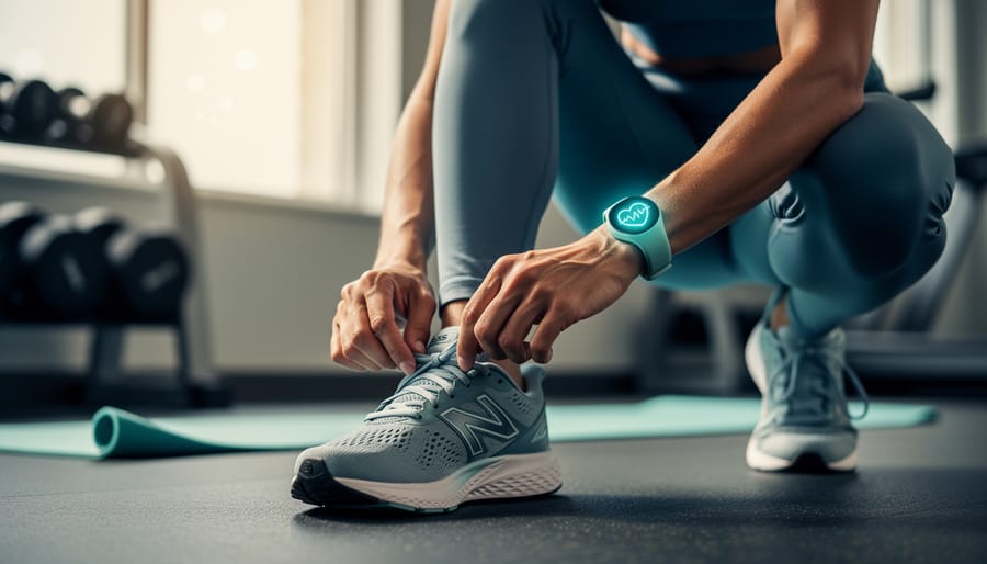 A person tying shoelaces in a bright fitness studio while wearing a small health tracker, representing mental health advocacy alongside physical exercise.