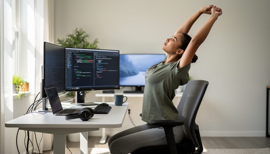 Person performing standing stretches at home office desk during break