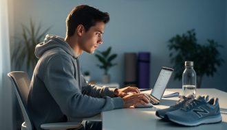 Young adult at a home office desk pausing with hand over a mouse, softly lit by window light and laptop glow; water bottle and running shoes nearby; blurred background with houseplants and a yoga mat; no visible text or logos