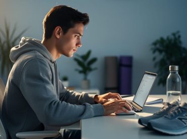 Young adult at a home office desk pausing with hand over a mouse, softly lit by window light and laptop glow; water bottle and running shoes nearby; blurred background with houseplants and a yoga mat; no visible text or logos