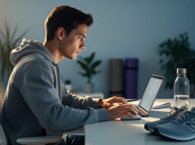 Young adult at a home office desk pausing with hand over a mouse, softly lit by window light and laptop glow; water bottle and running shoes nearby; blurred background with houseplants and a yoga mat; no visible text or logos