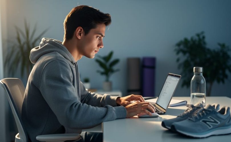 Young adult at a home office desk pausing with hand over a mouse, softly lit by window light and laptop glow; water bottle and running shoes nearby; blurred background with houseplants and a yoga mat; no visible text or logos