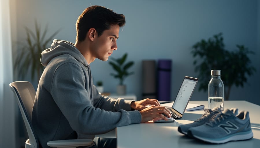 Young adult at a home office desk pausing with hand over a mouse, softly lit by window light and laptop glow; water bottle and running shoes nearby; blurred background with houseplants and a yoga mat; no visible text or logos