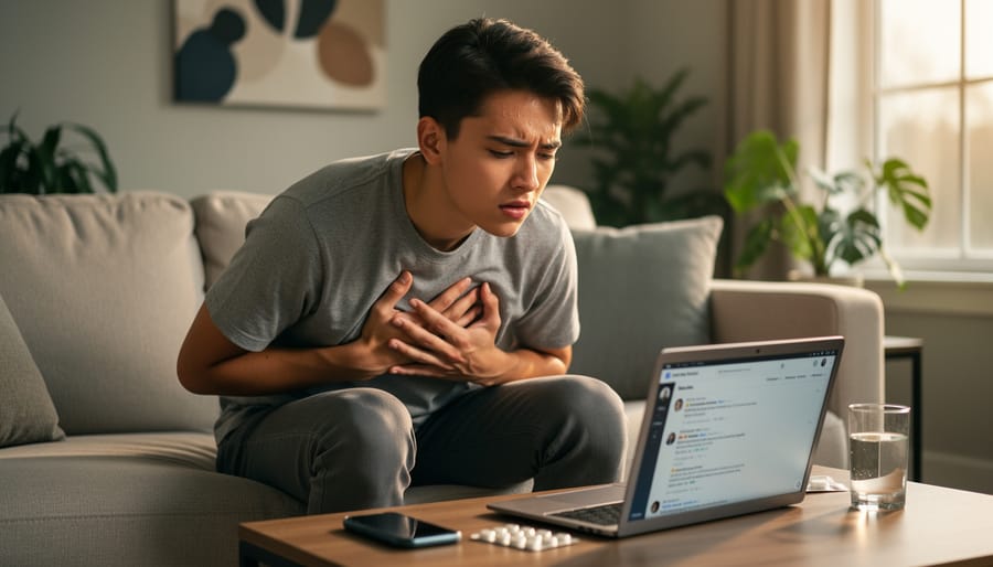 Person sitting on a bed with a hand on their chest, looking worried and overwhelmed in a softly lit room.