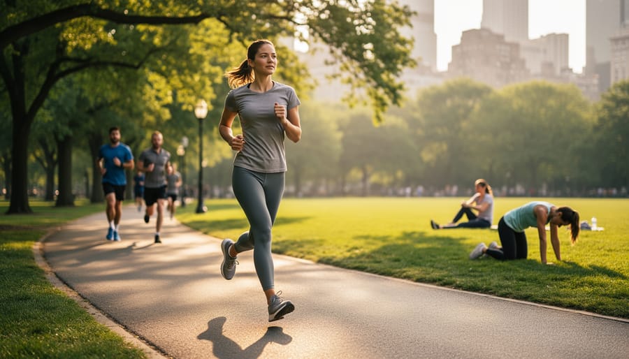 Runner’s shoes and legs moving along a quiet path during golden hour, suggesting calming physical activity.