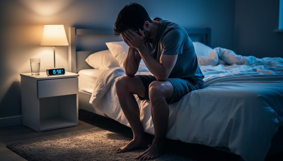 Person sitting on the edge of a bed with hands on their chest, looking distressed in a dim bedroom.