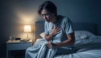 Person sitting on the edge of a bed at night with a hand on their chest, appearing tense and overwhelmed, suggesting severe anxiety symptoms.