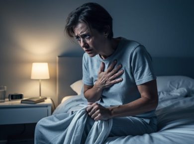 Person sitting on the edge of a bed at night with a hand on their chest, appearing tense and overwhelmed, suggesting severe anxiety symptoms.