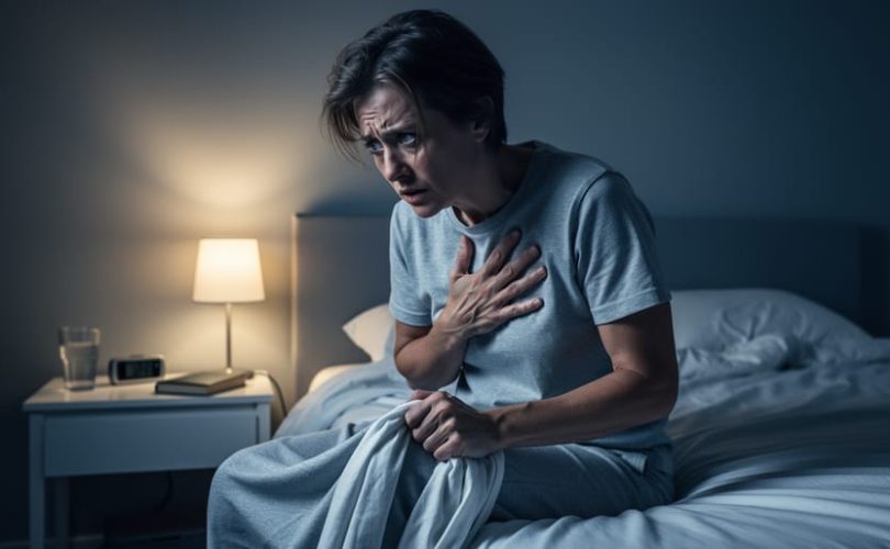 Person sitting on the edge of a bed at night with a hand on their chest, appearing tense and overwhelmed, suggesting severe anxiety symptoms.