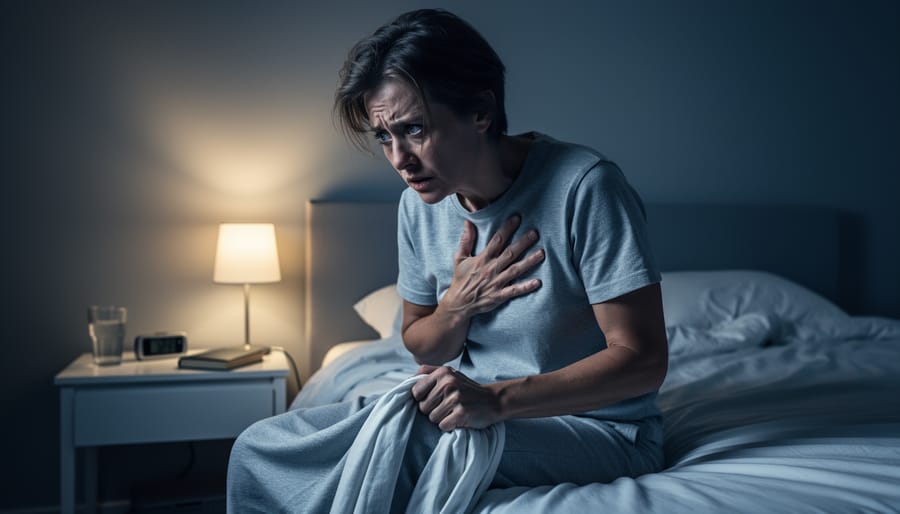 Person sitting on the edge of a bed at night with a hand on their chest, appearing tense and overwhelmed, suggesting severe anxiety symptoms.