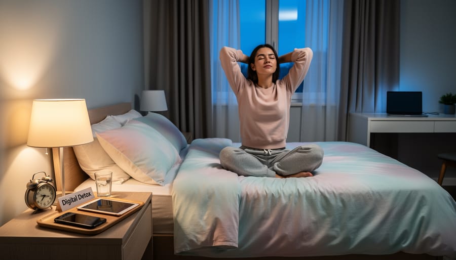 Person putting smartphone away on bedside table before sleep in bedroom