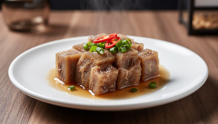 Bowl of slow-cooked beef tendon in rich gelatinous broth with herbs on the side.