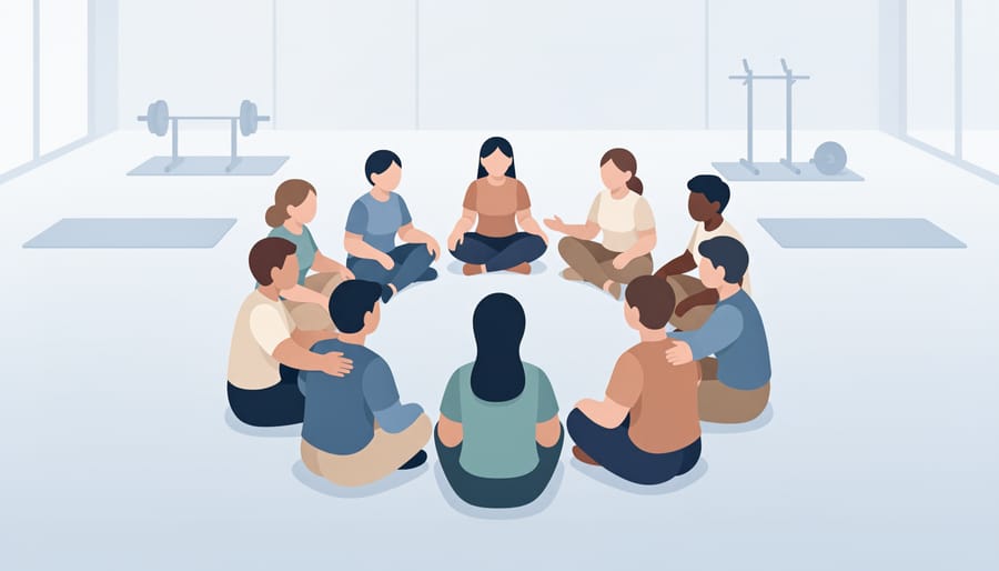 People sitting in a circle in a gym, listening with supportive body language