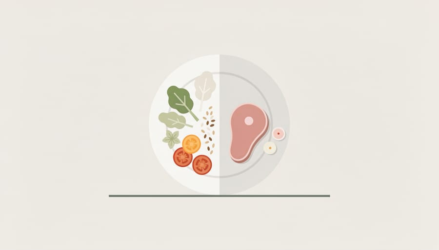 A balanced arrangement of salad greens, lean protein, and measured sides on a plate